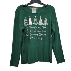 Hand Printed Upcycled Womens Large Christmas Tree Skinny Jeans Are History Tee